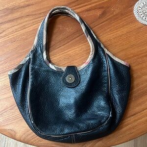 Burberry Black Pebbled Leather Mini Shoulder Bag with Check Trim